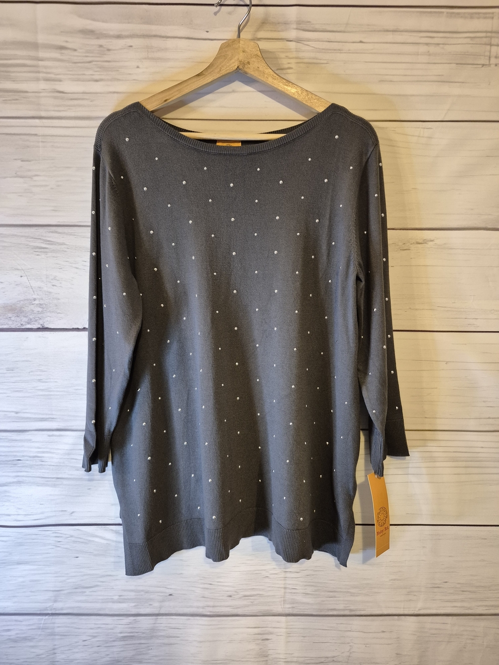 Ruby Rd. Gray Silver Sequin Dot Knit Sweater Pullover Side Slits Medium